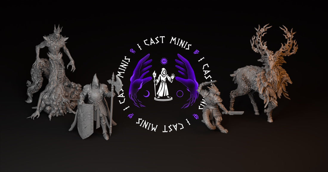 I Cast Minis logo with fantasy miniature renders