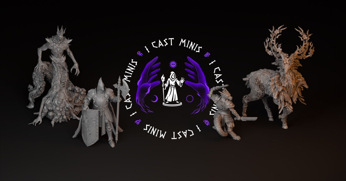 I Cast Minis logo with fantasy miniature renders