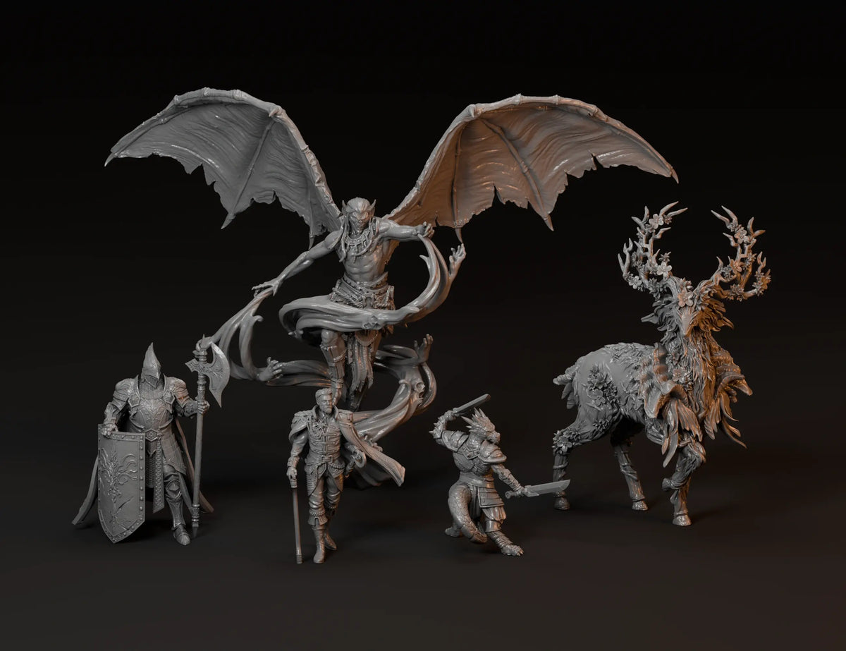 Grey resin-style render of fantasy characters, a kobold, a winged vampire and an antlered forest creature.