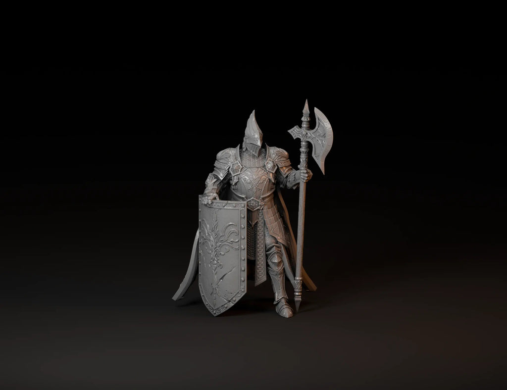 Grey resin-style render of an armoured warrior with an axe and decorated shield.