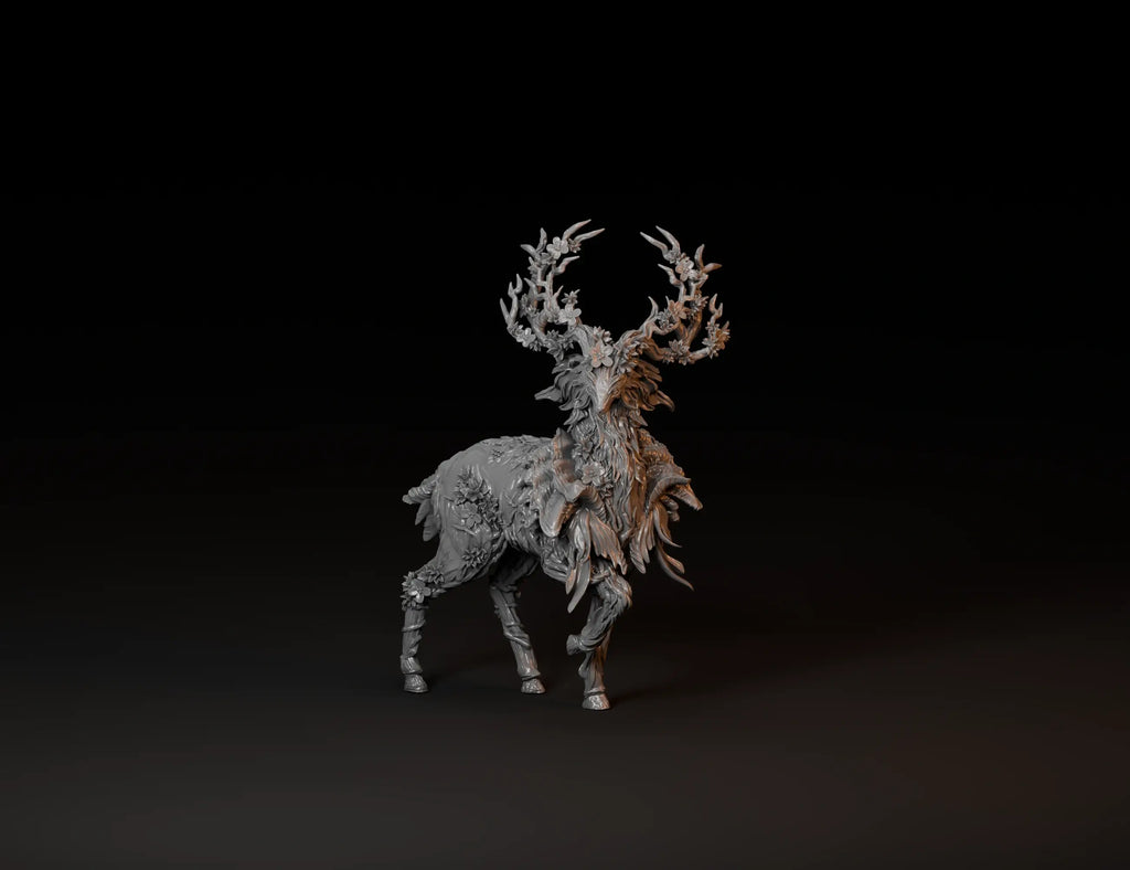 Grey resin-style render of an antlered forest creature with intricate leaf and branch details.