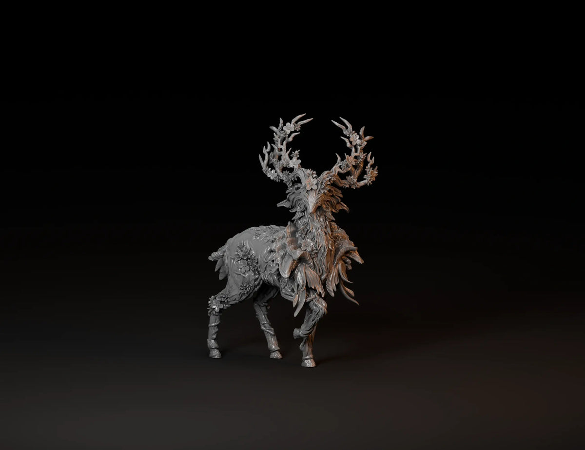 Grey resin-style render of an antlered forest creature with intricate leaf and branch details.