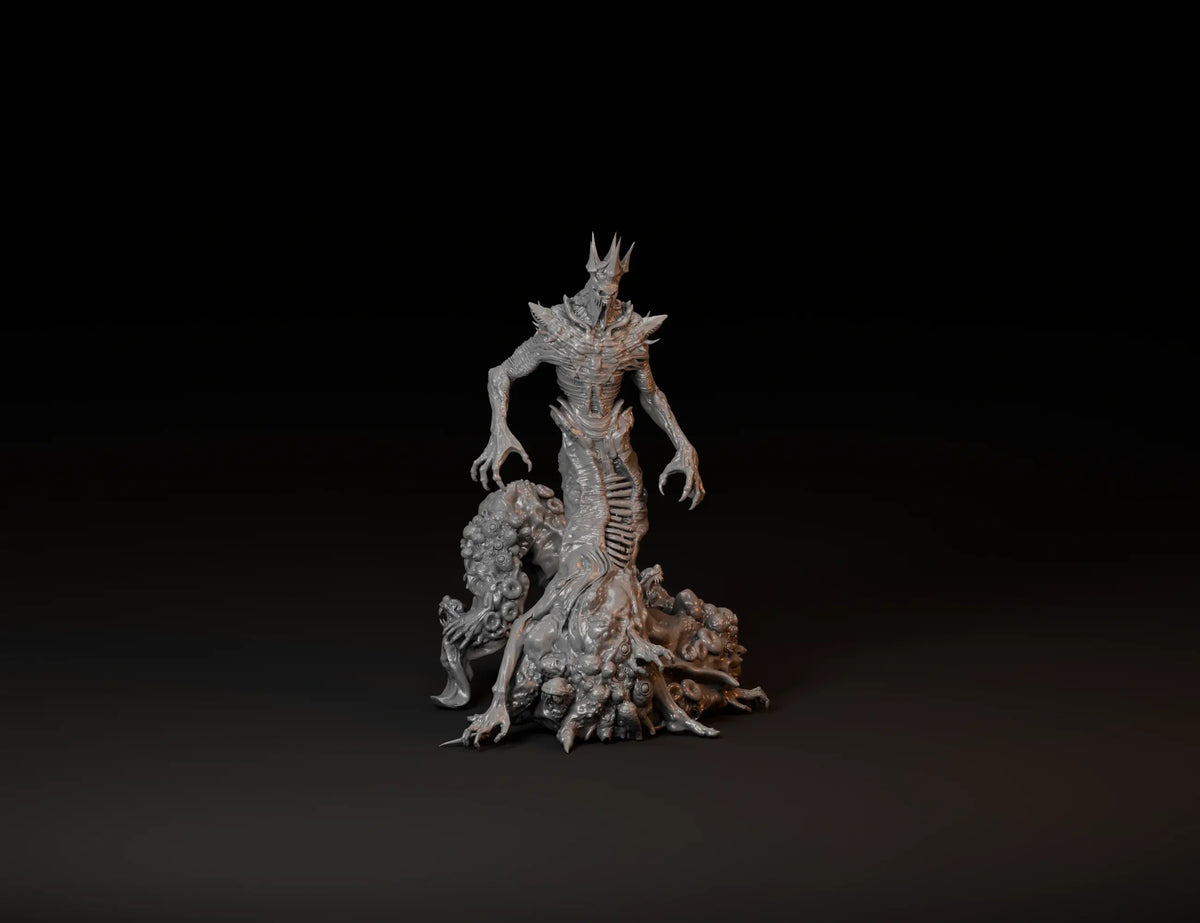 Grey resin-style render of a crowned monster with clawed arms and a mass of tentacles.