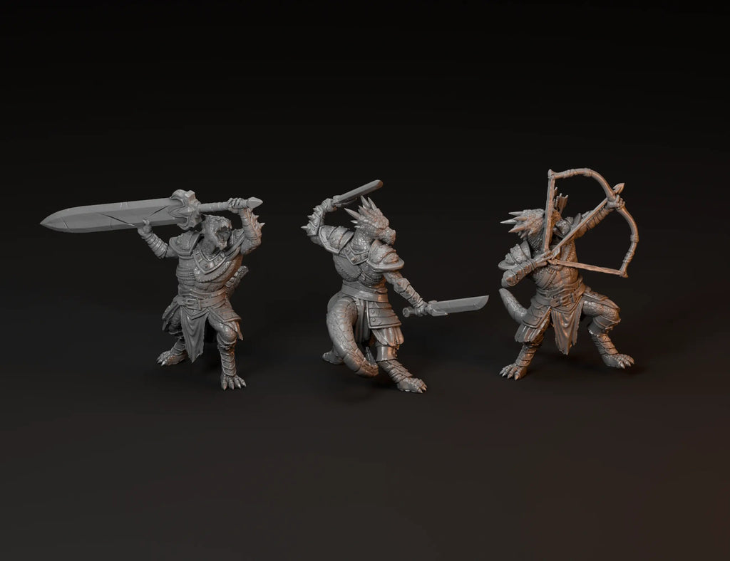 Grey resin-style render of three kobolds wielding a greatsword, paired swords and a bow.