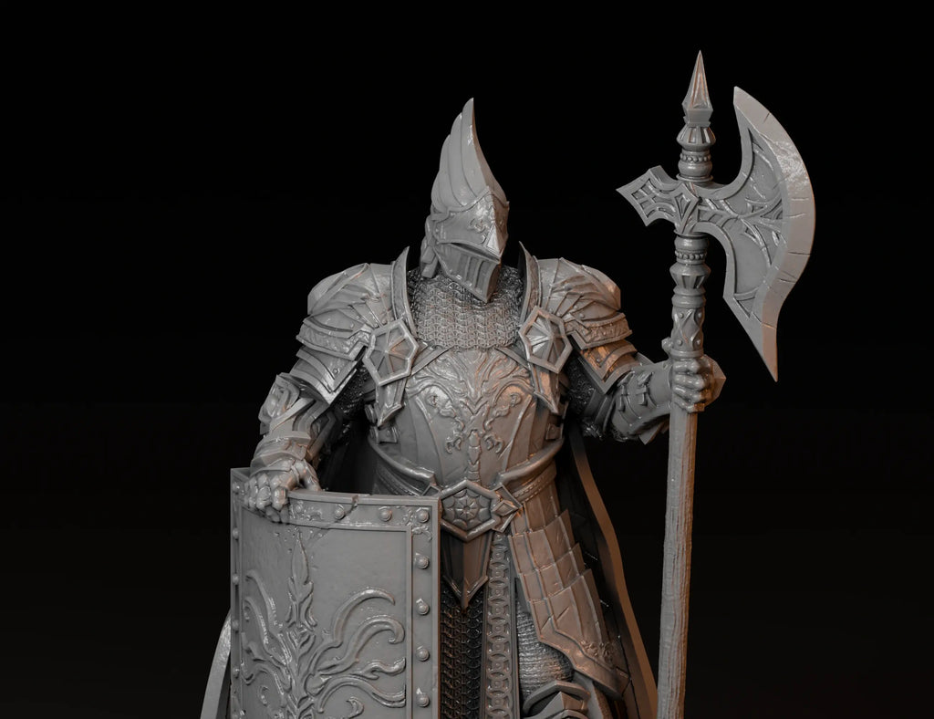 Close-up render of a miniature warrior’s armour, axe and decorated shield.