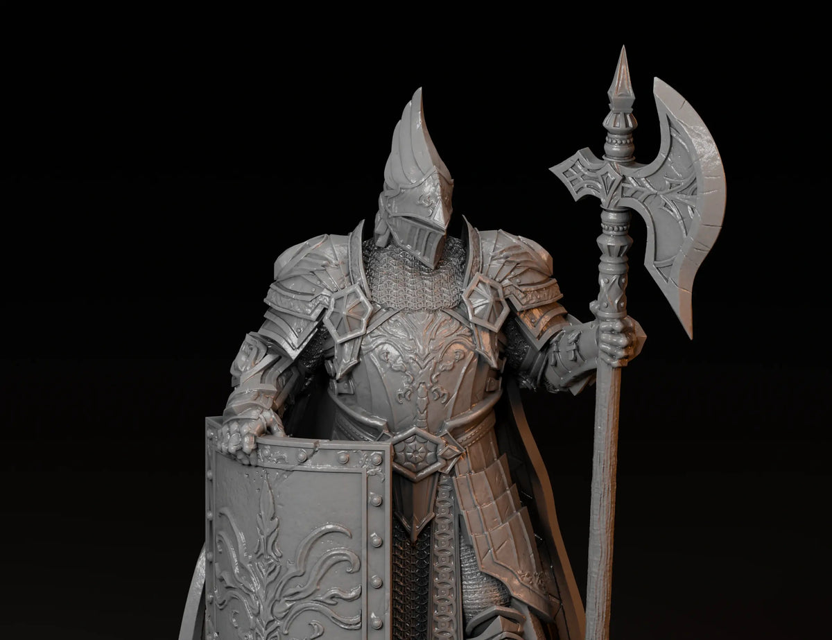 Close-up render of a miniature warrior’s armour, axe and decorated shield.